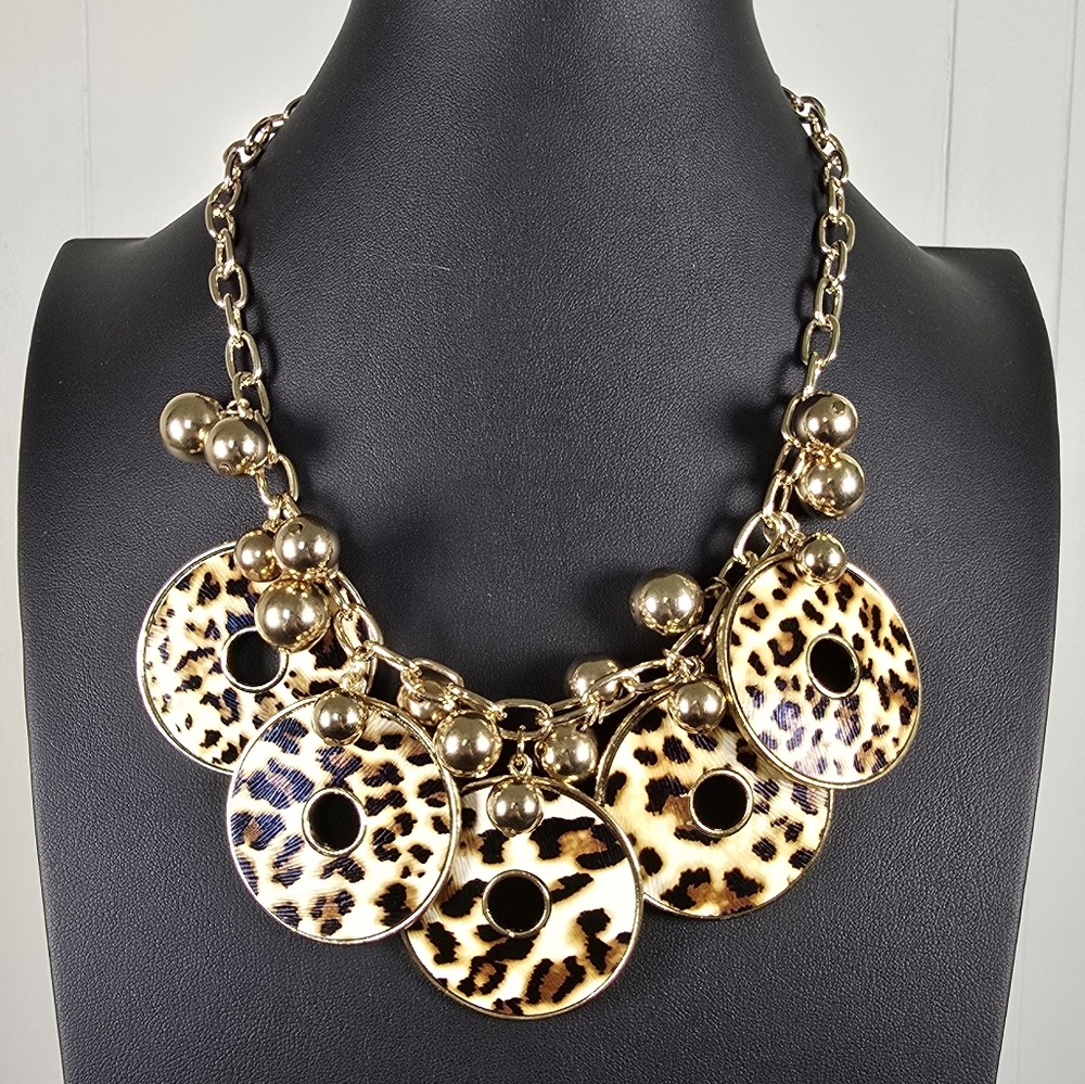 Chic Gold-tone Chain Necklace with Leopard Print Pendants and Gold-tone Beads
